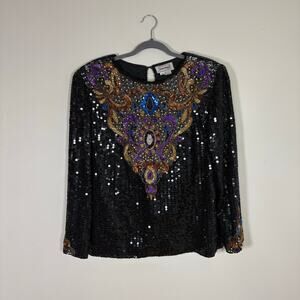 Vintage Disco Top 1980’s Three Flaggs Silk Beaded Black Purple Blue Sequins M